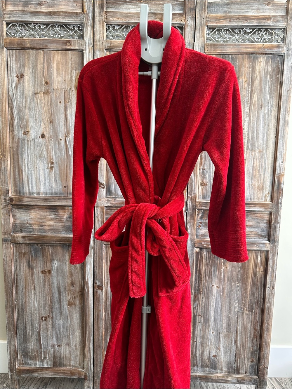 Cozy Red Shawl-Collar Robe with Belt